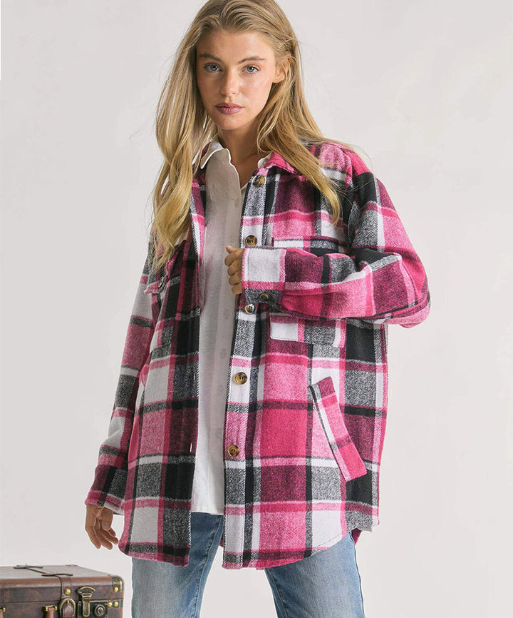 AYLA – Oversized Pink Plaid Shirt Jacket