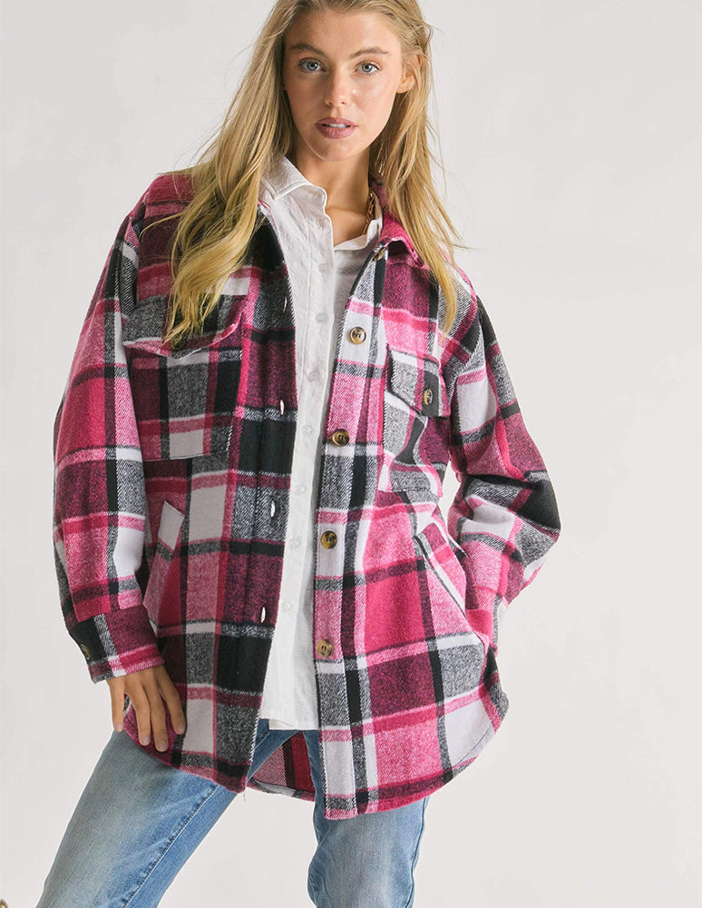 AYLA – Oversized Pink Plaid Shirt Jacket