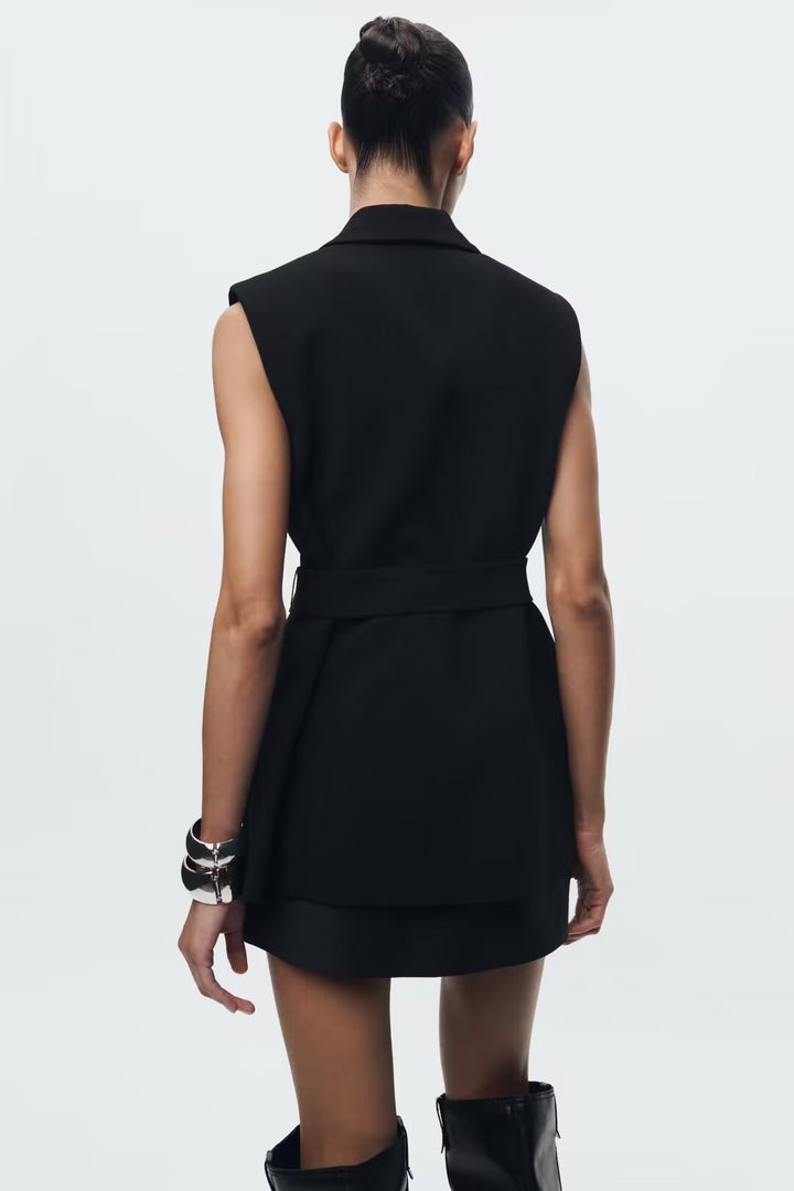 JOYCE – Sleeveless Black Belted Vest