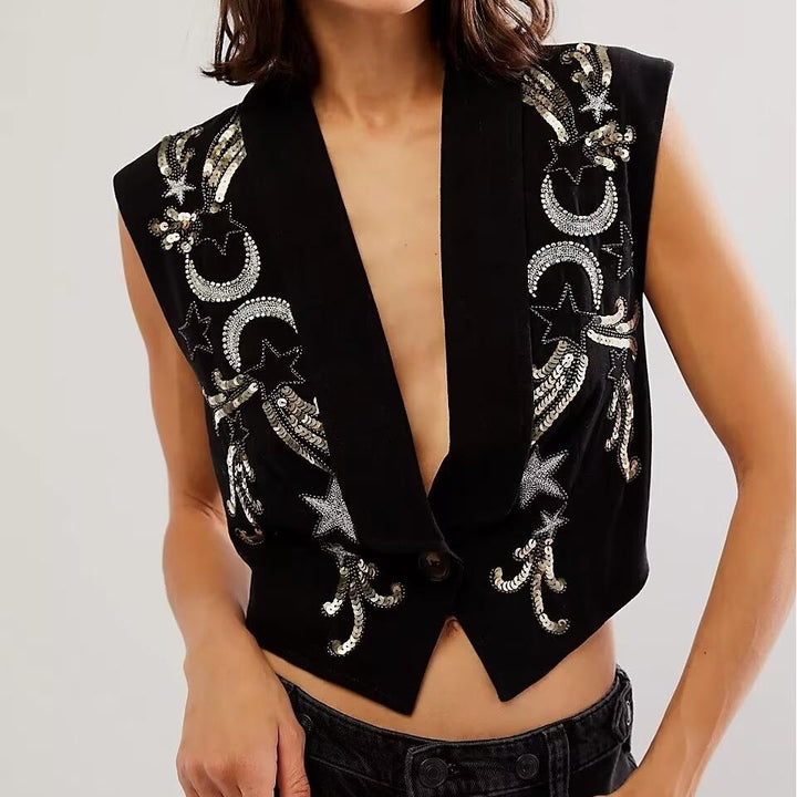YEALO - Women’s Sequin Embroidered V-Neck Vest