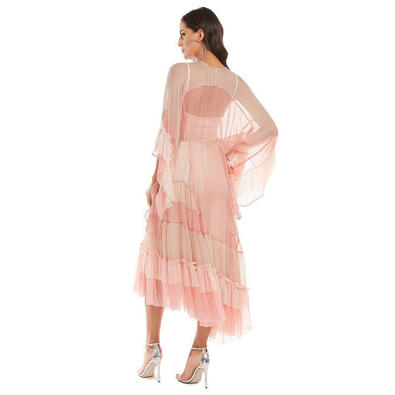 SAYLA – Bohemian Pink Mesh Midi Dress