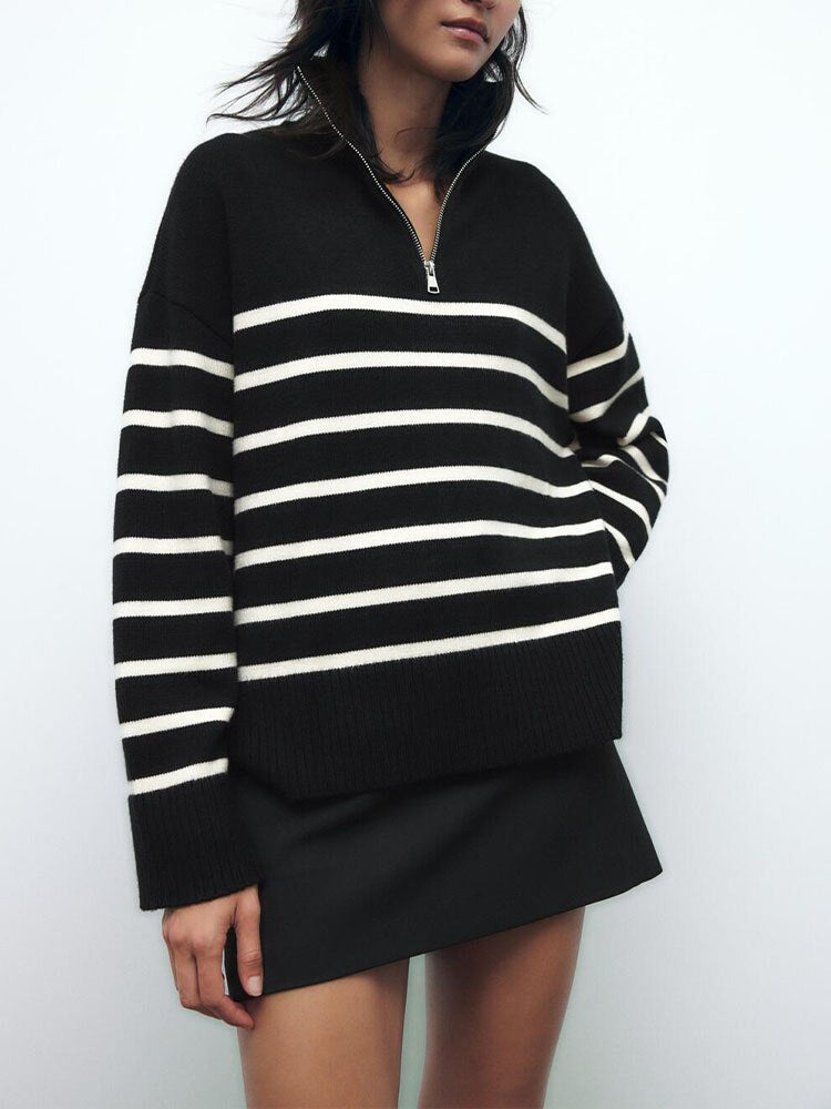 ALINA – Women’s Striped Zip-Up Sweater
