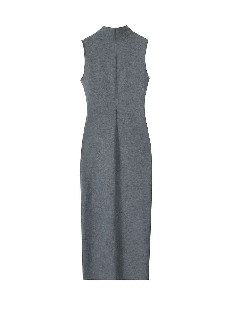 SINDRA – Elegant Charcoal Sleeveless Sheath Dress