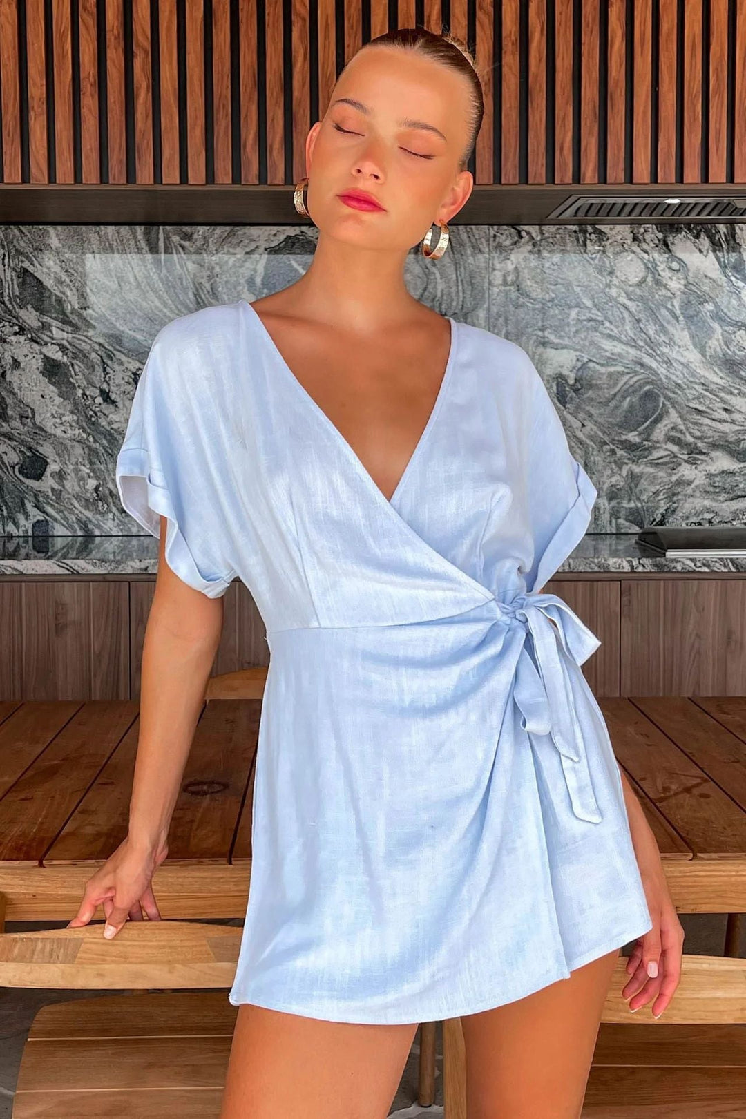 HANALA - Short Sleeve Wrap Jumpsuit with Waist Tie