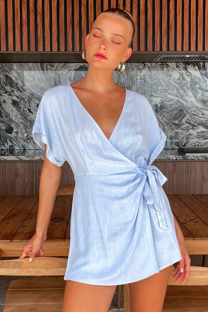 HANALA - Short Sleeve Wrap Jumpsuit with Waist Tie