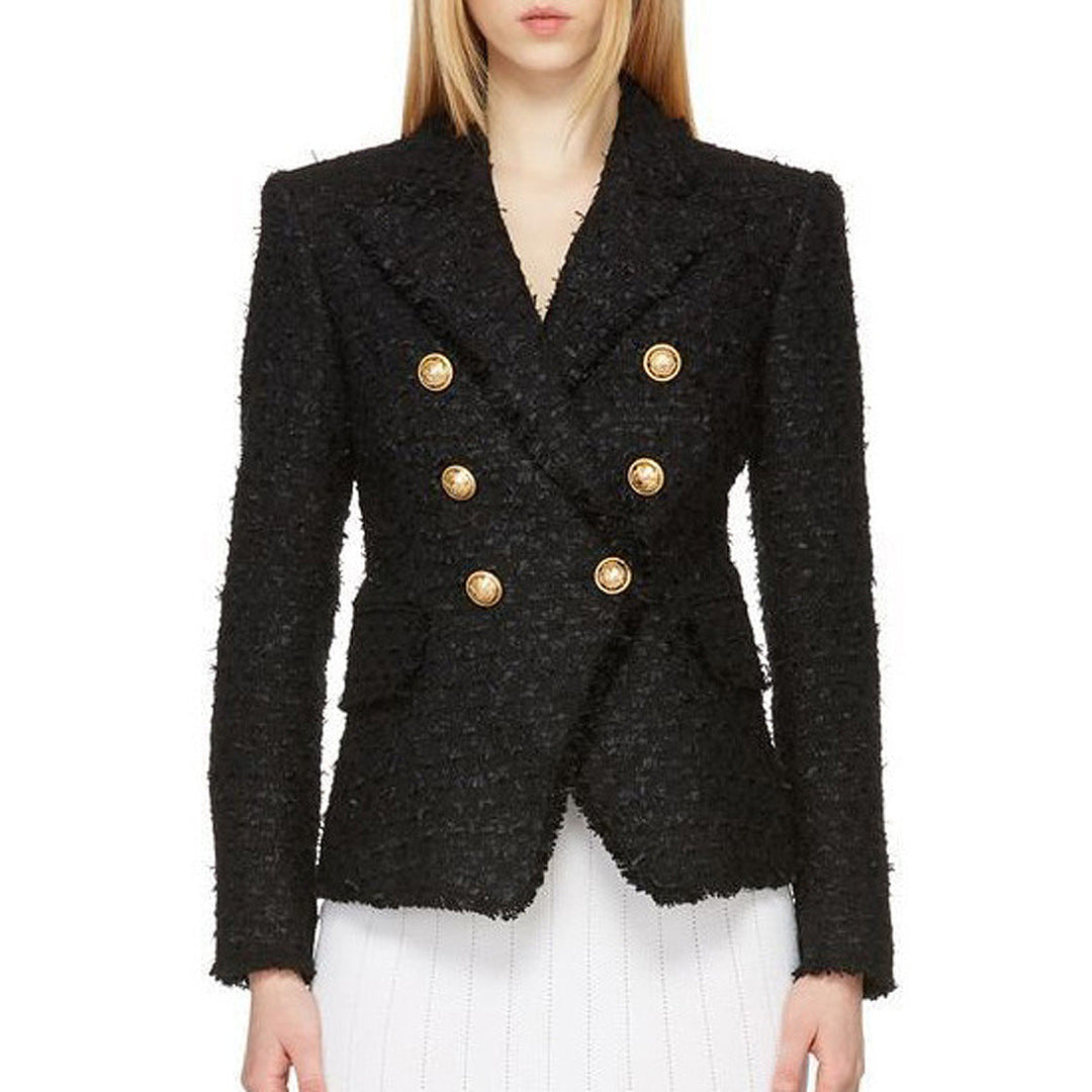 SARENE - Women’s Double-Breasted Tweed Blazer with Gold Buttons