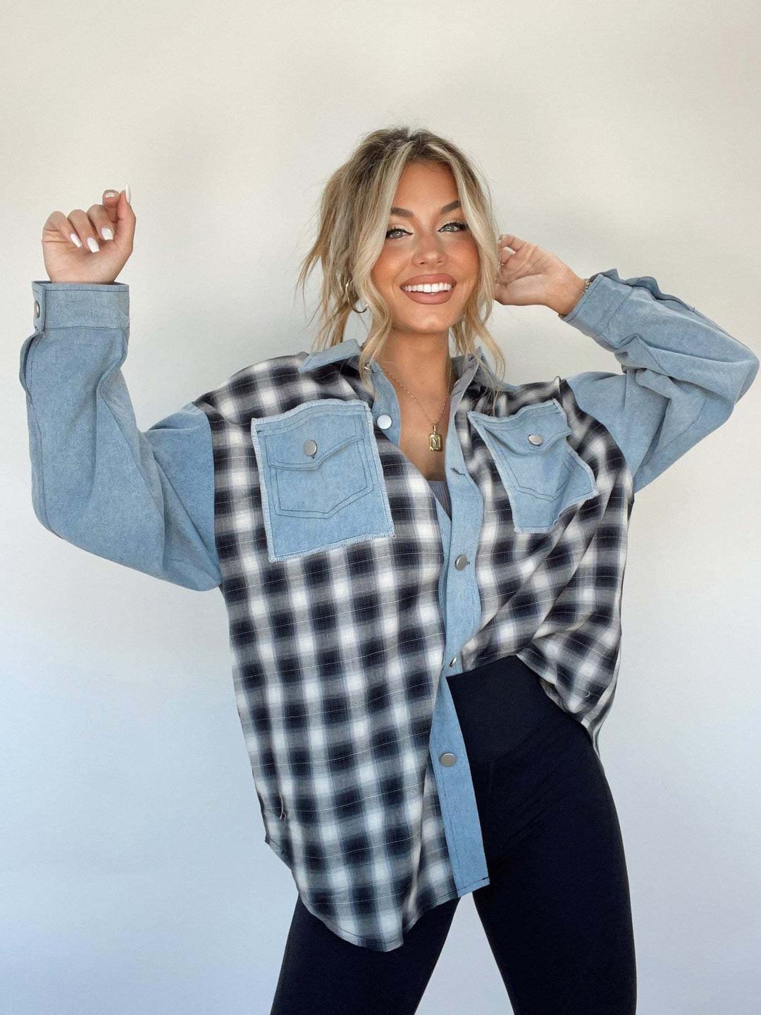 MUMBI -  Women's Denim-Plaid Contrast Shirt