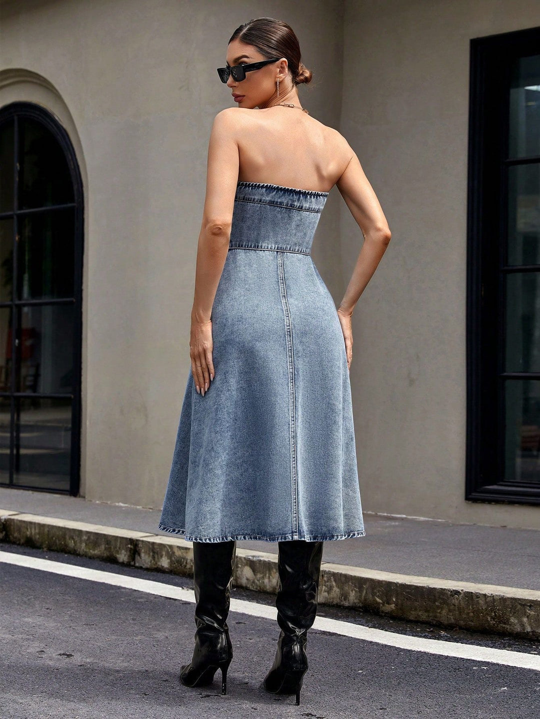RIVER –  Strapless Button-Front Denim Dress