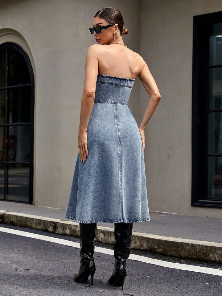 RIVER –  Strapless Button-Front Denim Dress
