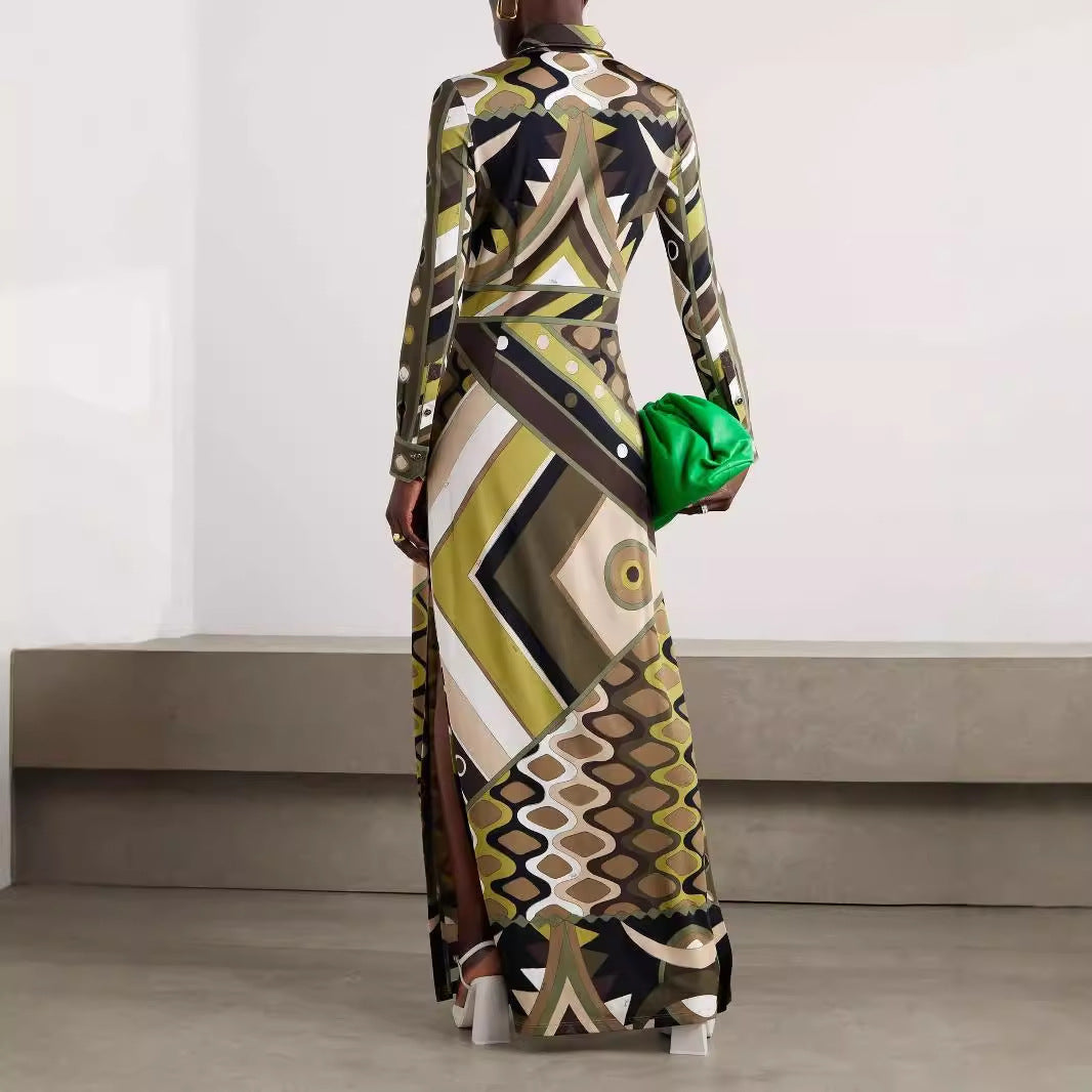 LYRA – Long Sleeve Geometric Print Maxi Dress