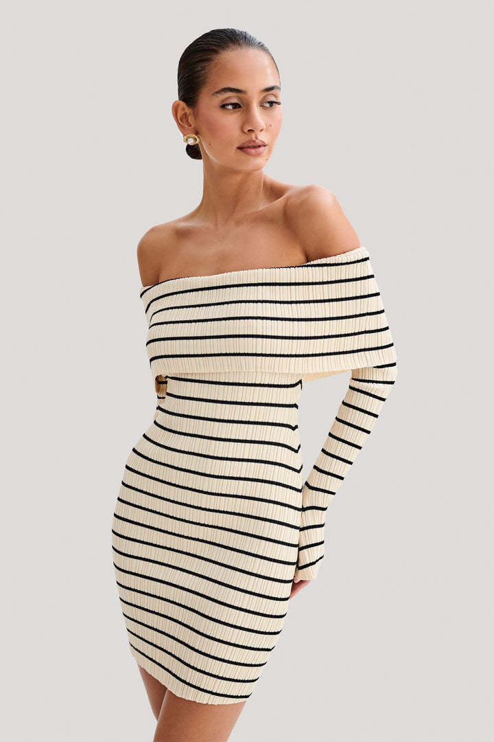 FRANCESSI – Off-Shoulder Striped Knitted Mini Dress