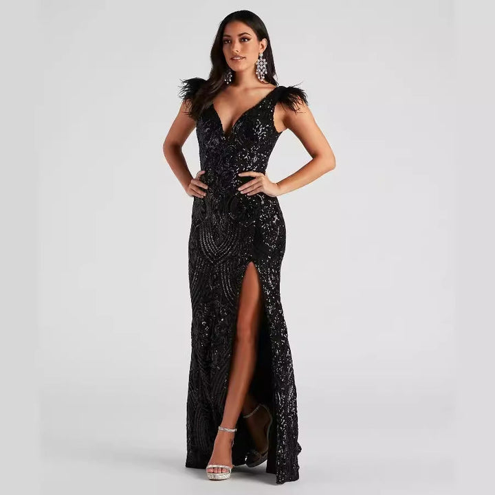 SAYLIN – Black Sequin Gown with Feather Detail