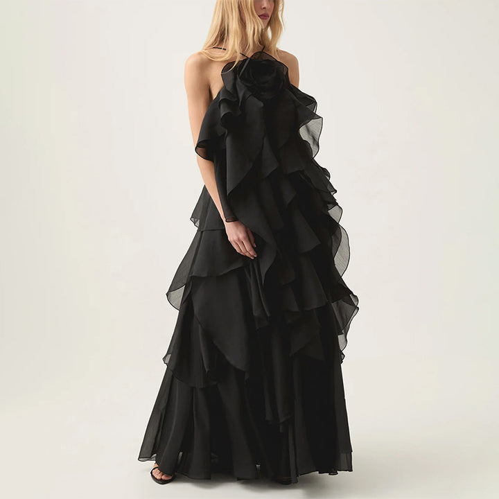 LEONA – Elegant Ruffled Maxi Dress with Spaghetti Straps