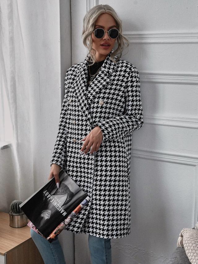 GION - Women's Houndstooth Pattern Long Coat
