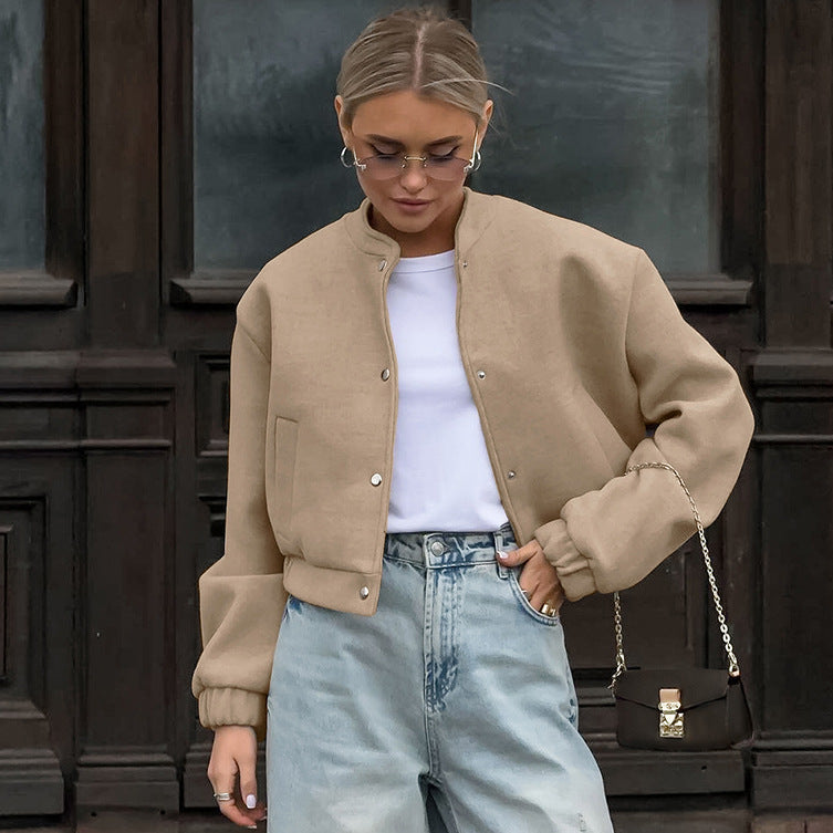 INES – Women's Minimalist Cropped Snap Jacket