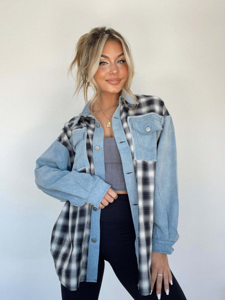 MUMBI -  Women's Denim-Plaid Contrast Shirt