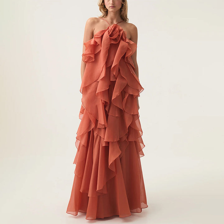 LEONA – Elegant Ruffled Maxi Dress with Spaghetti Straps