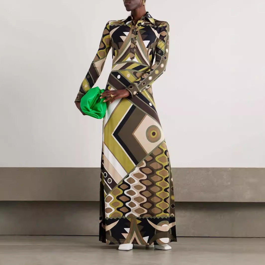 LYRA – Long Sleeve Geometric Print Maxi Dress