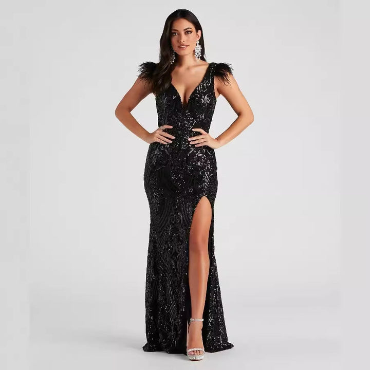SAYLIN – Black Sequin Gown with Feather Detail