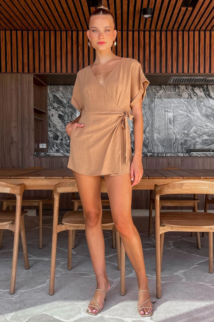 HANALA - Short Sleeve Wrap Jumpsuit with Waist Tie