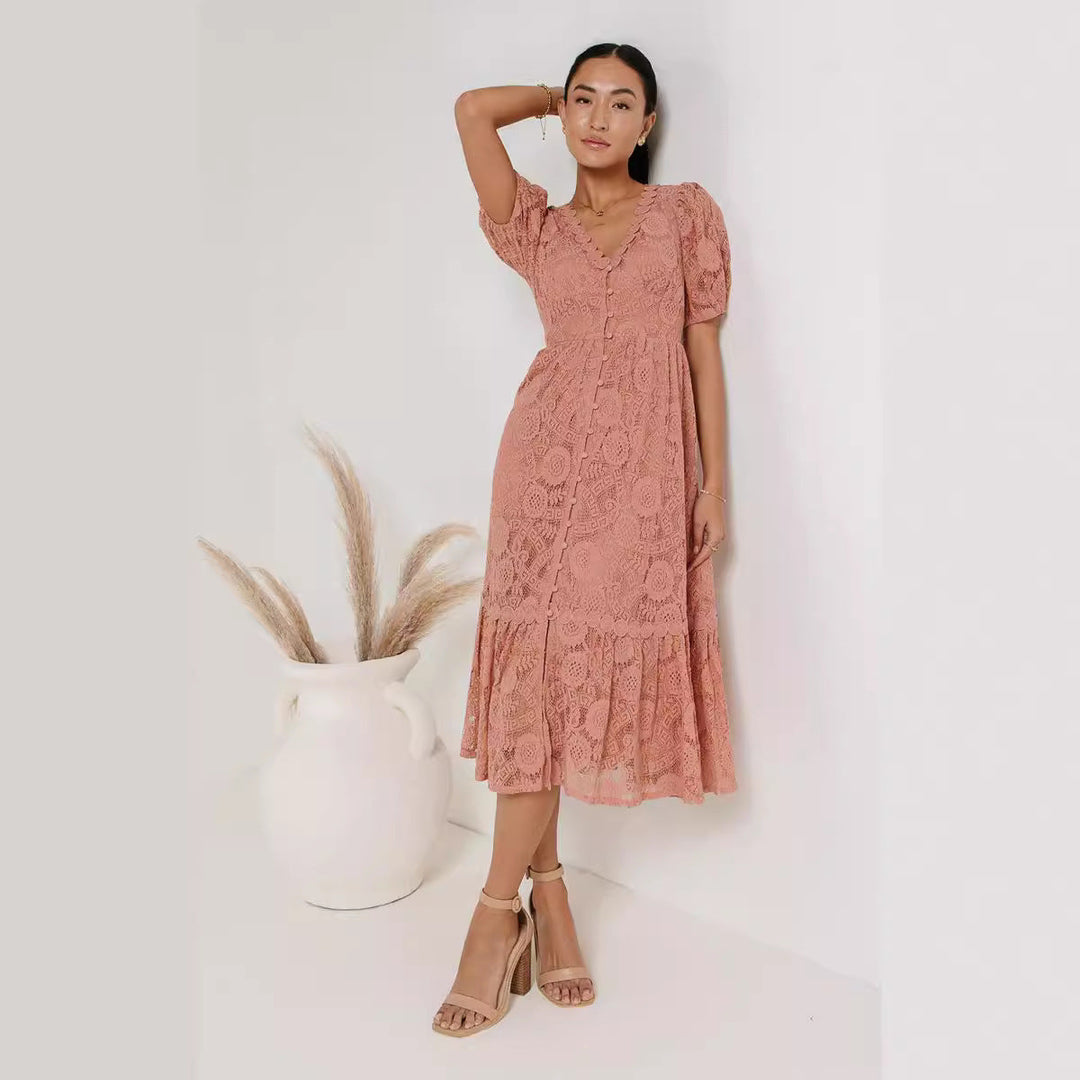 NOELLE – Lace Midi Dress with Short Sleeves