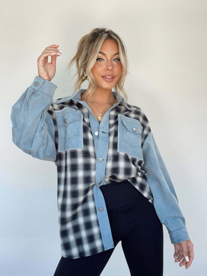 MUMBI -  Women's Denim-Plaid Contrast Shirt