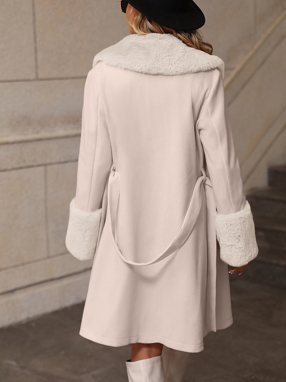 MASOM - Women's Vegan Wool Coat with Faux Fur Collar