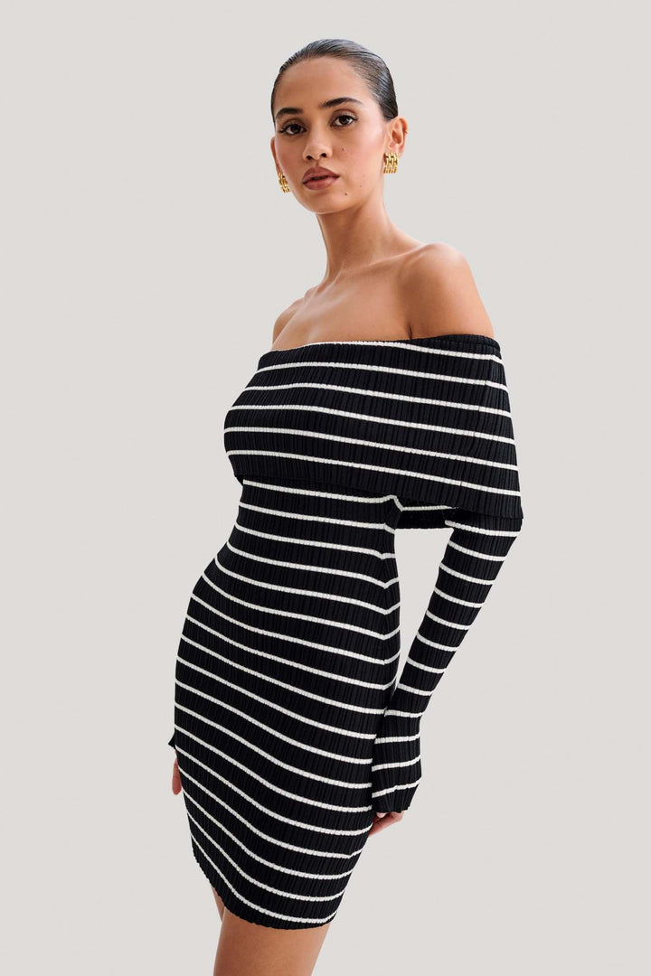 FRANCESSI – Off-Shoulder Striped Knitted Mini Dress