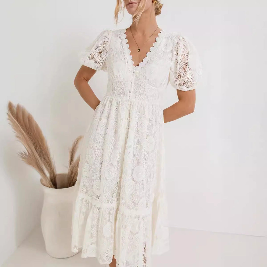 NOELLE – Lace Midi Dress with Short Sleeves