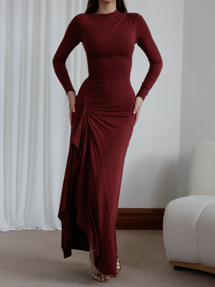 YUA – Ruched Long Sleeve Evening Gown