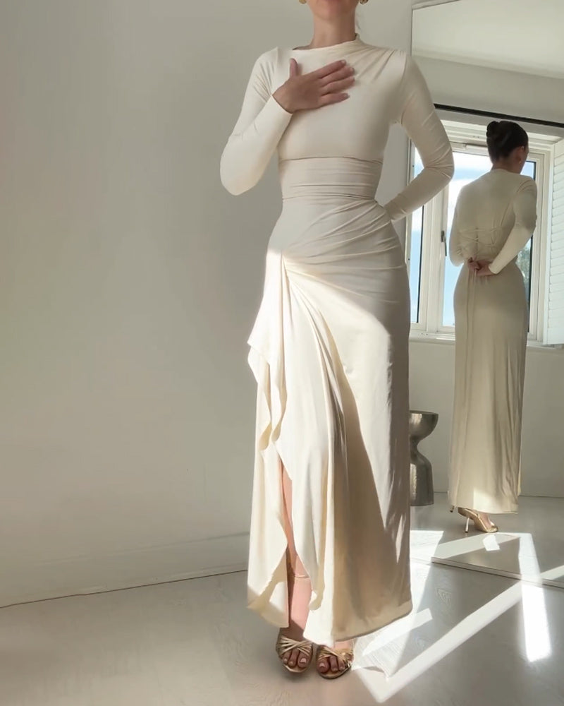 YUA – Ruched Long Sleeve Evening Gown