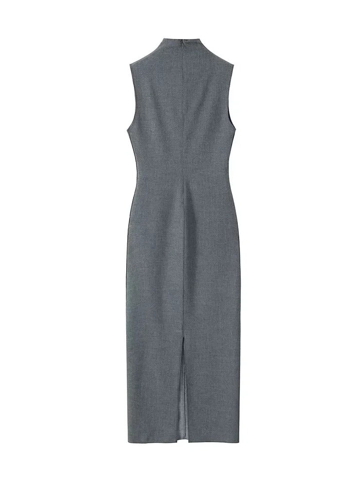 SINDRA – Elegant Charcoal Sleeveless Sheath Dress