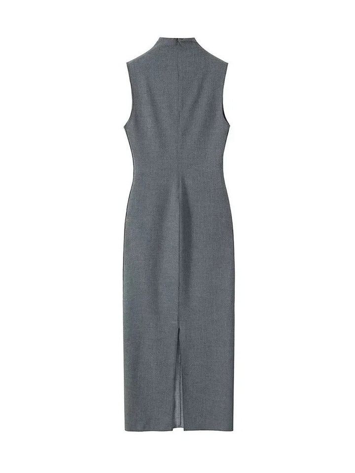 SINDRA – Elegant Charcoal Sleeveless Sheath Dress