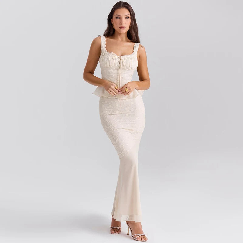 TALIA – Lace Maxi Dress with Peplum Detail