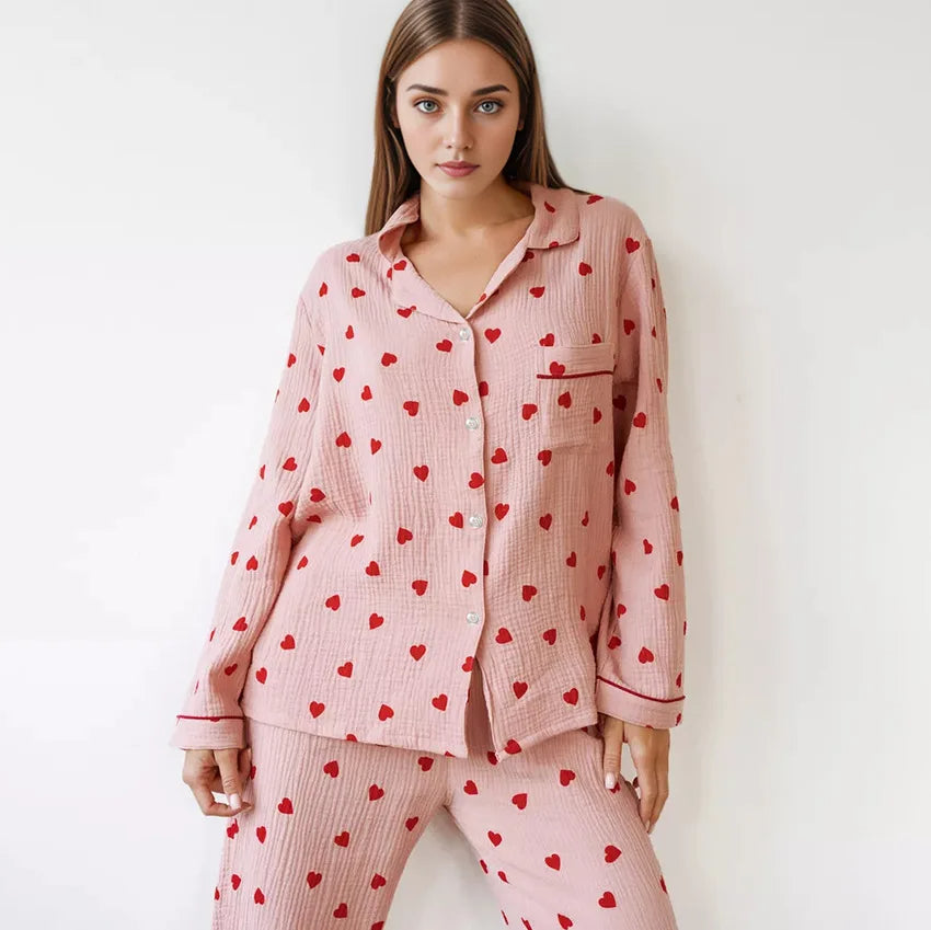 DANIO - Pink Heart Print Button Pajama Set