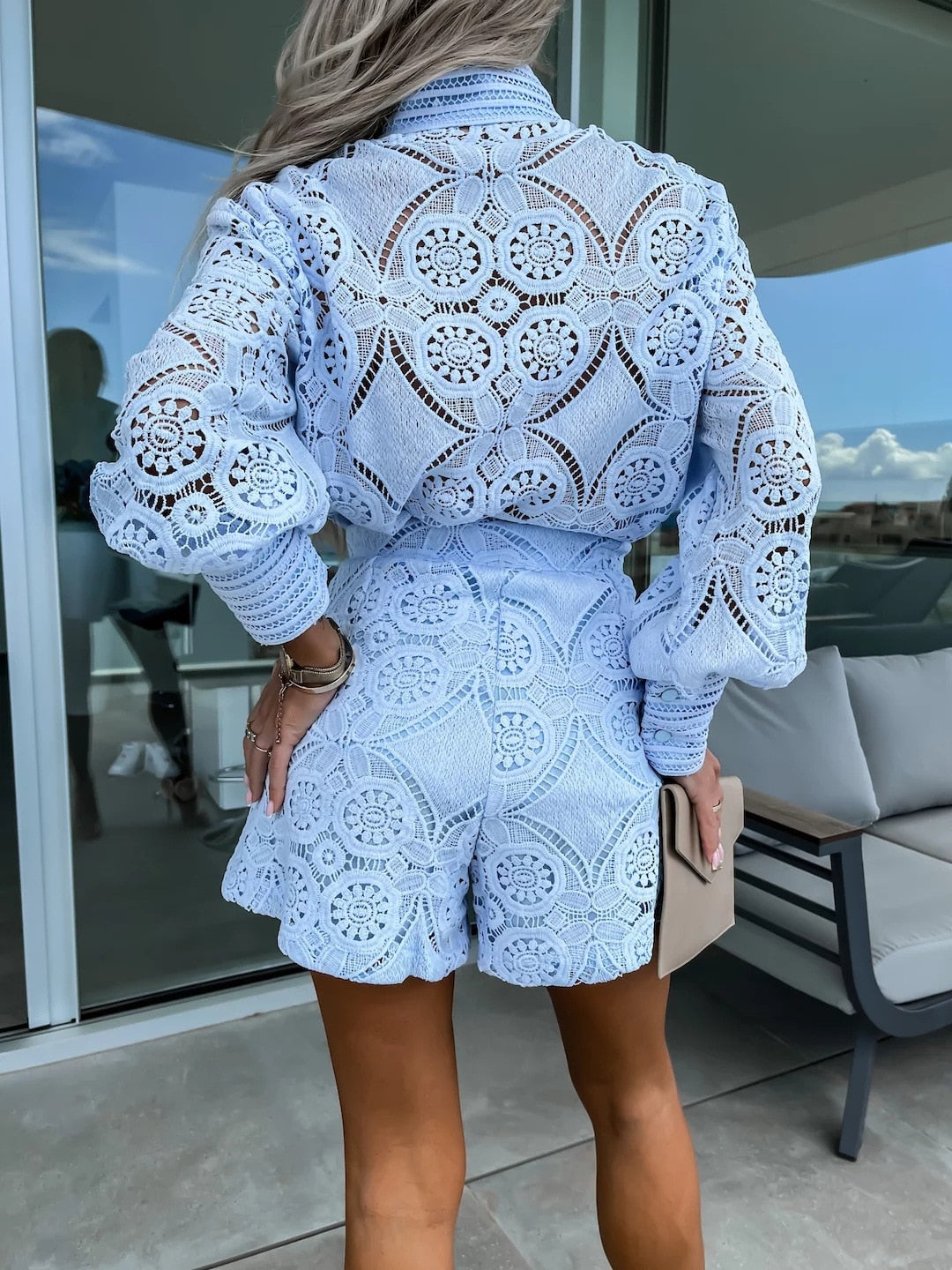 MARY - Women's Lace Blazer Top & Shorts Set