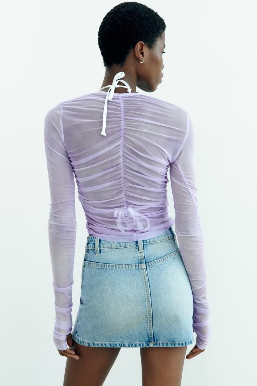 MEKENZIE - Ruched Button-Up Long Sleeve Top