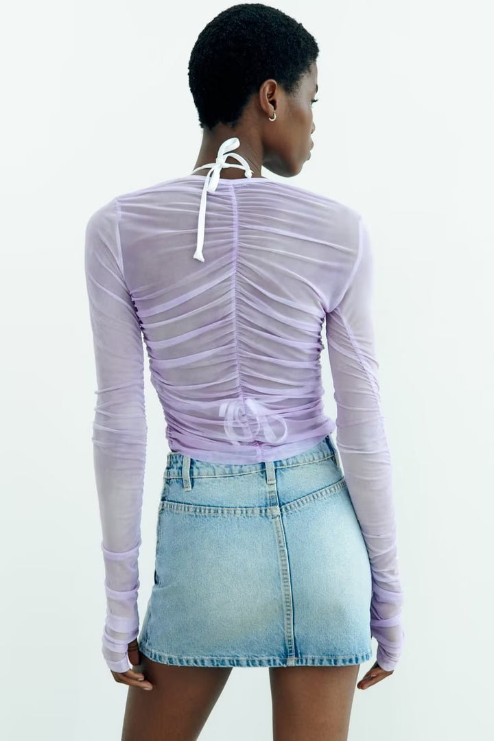 MEKENZIE - Ruched Button-Up Long Sleeve Top