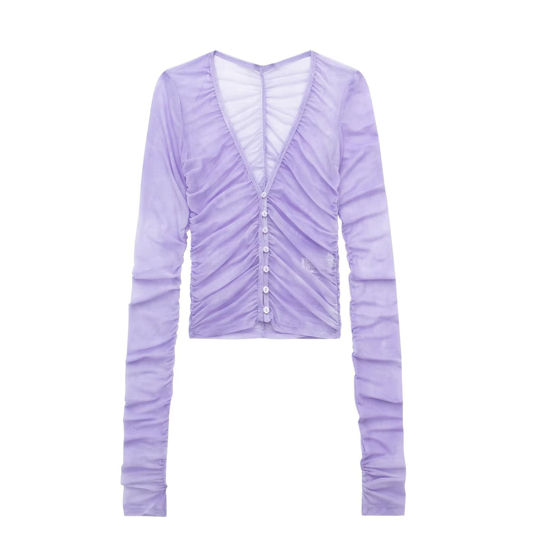 MEKENZIE - Ruched Button-Up Long Sleeve Top
