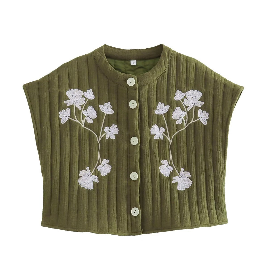 FLORA – Sleeveless Vest with Floral Embroidery and Button Front