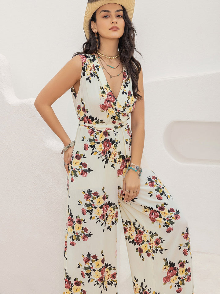 LIDY - Floral Sleeveless Belted Wide-Leg Jumpsuit