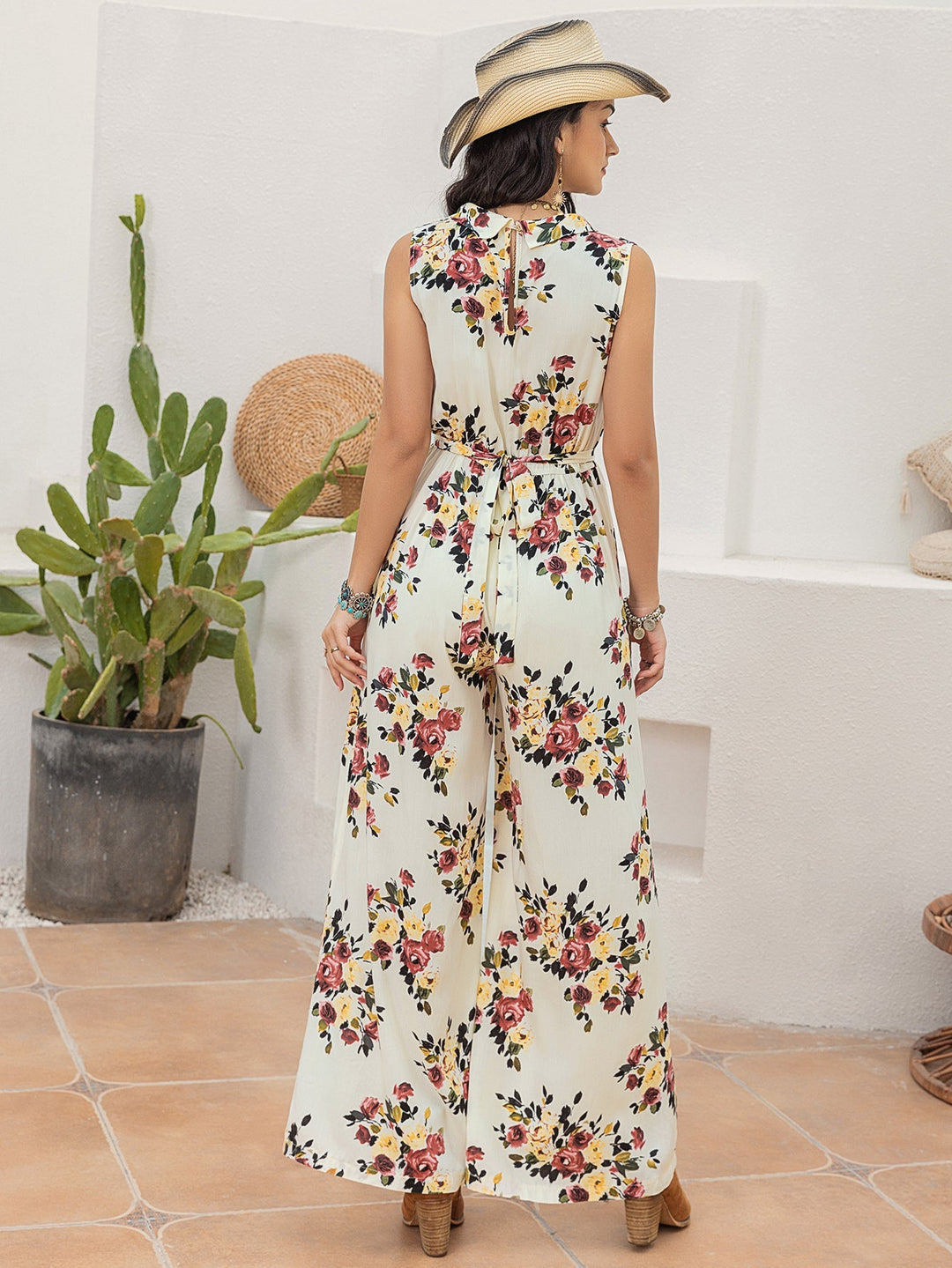 LIDY - Floral Sleeveless Belted Wide-Leg Jumpsuit