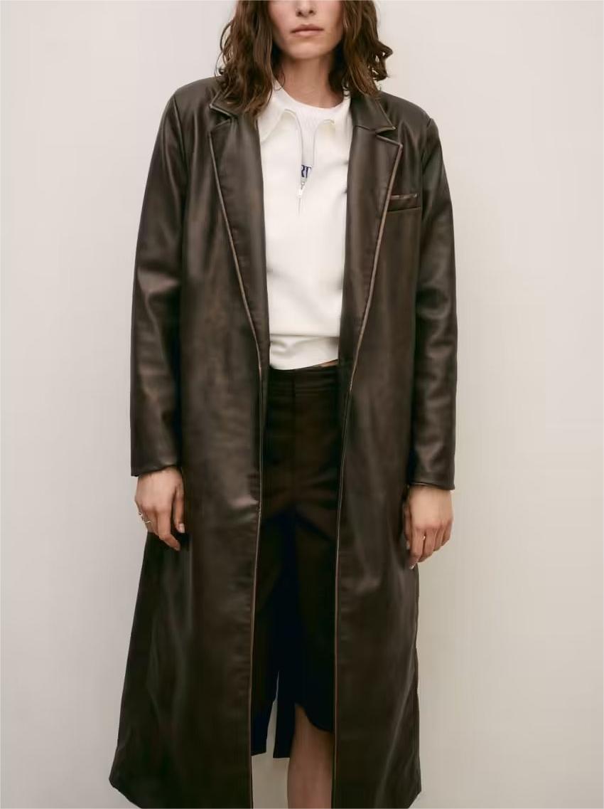 TRENCH - Women's Long Brown Vegan Leather Coat