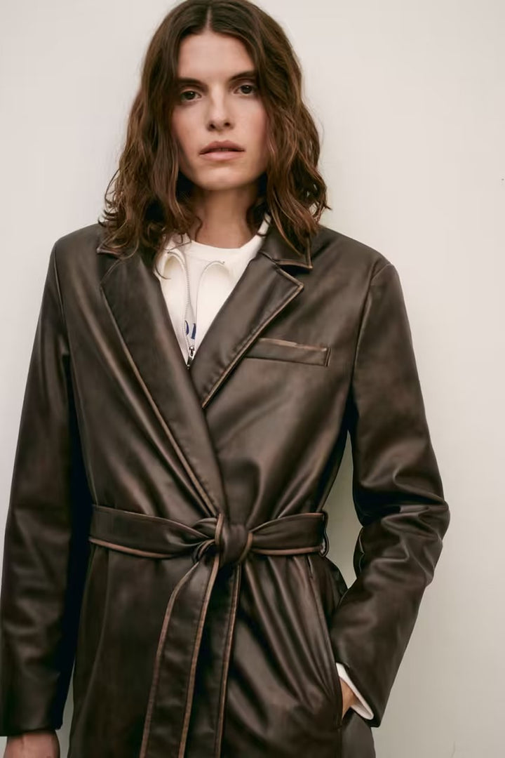TRENCH - Women's Long Brown Vegan Leather Coat