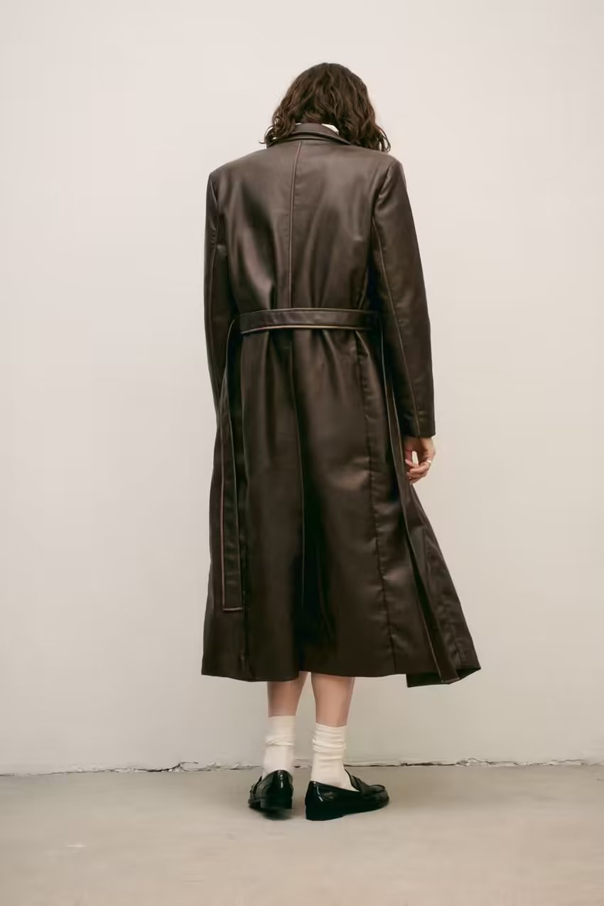 TRENCH - Women's Long Brown Vegan Leather Coat