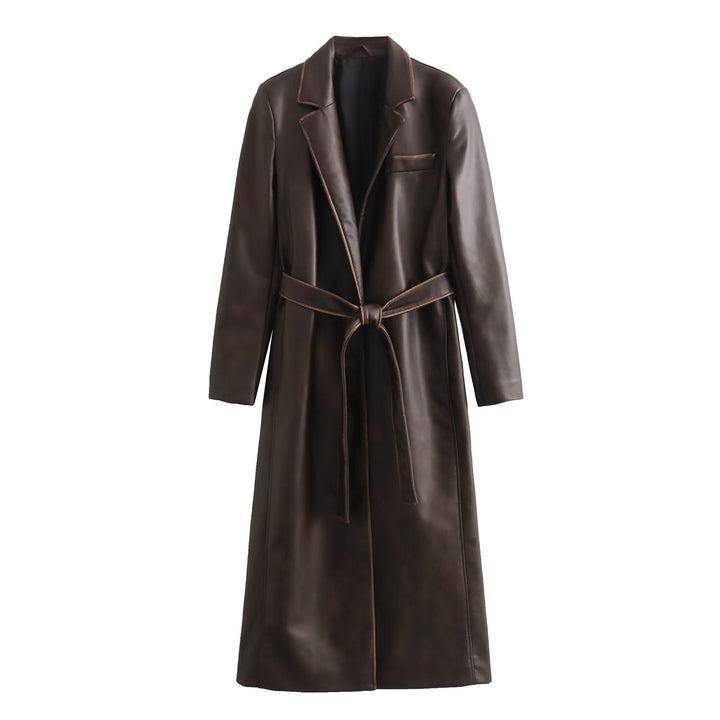 TRENCH - Women's Long Brown Vegan Leather Coat