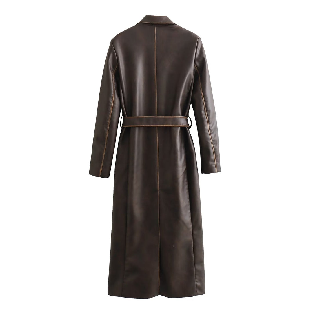 TRENCH - Women's Long Brown Vegan Leather Coat
