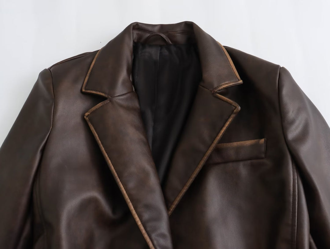 TRENCH - Women's Long Brown Vegan Leather Coat