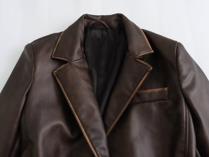 TRENCH - Women's Long Brown Vegan Leather Coat