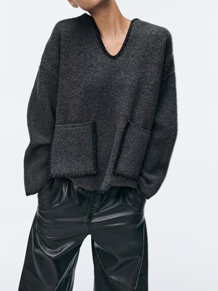SOLID - Charcoal Wool-Blend V-Neck Pullover